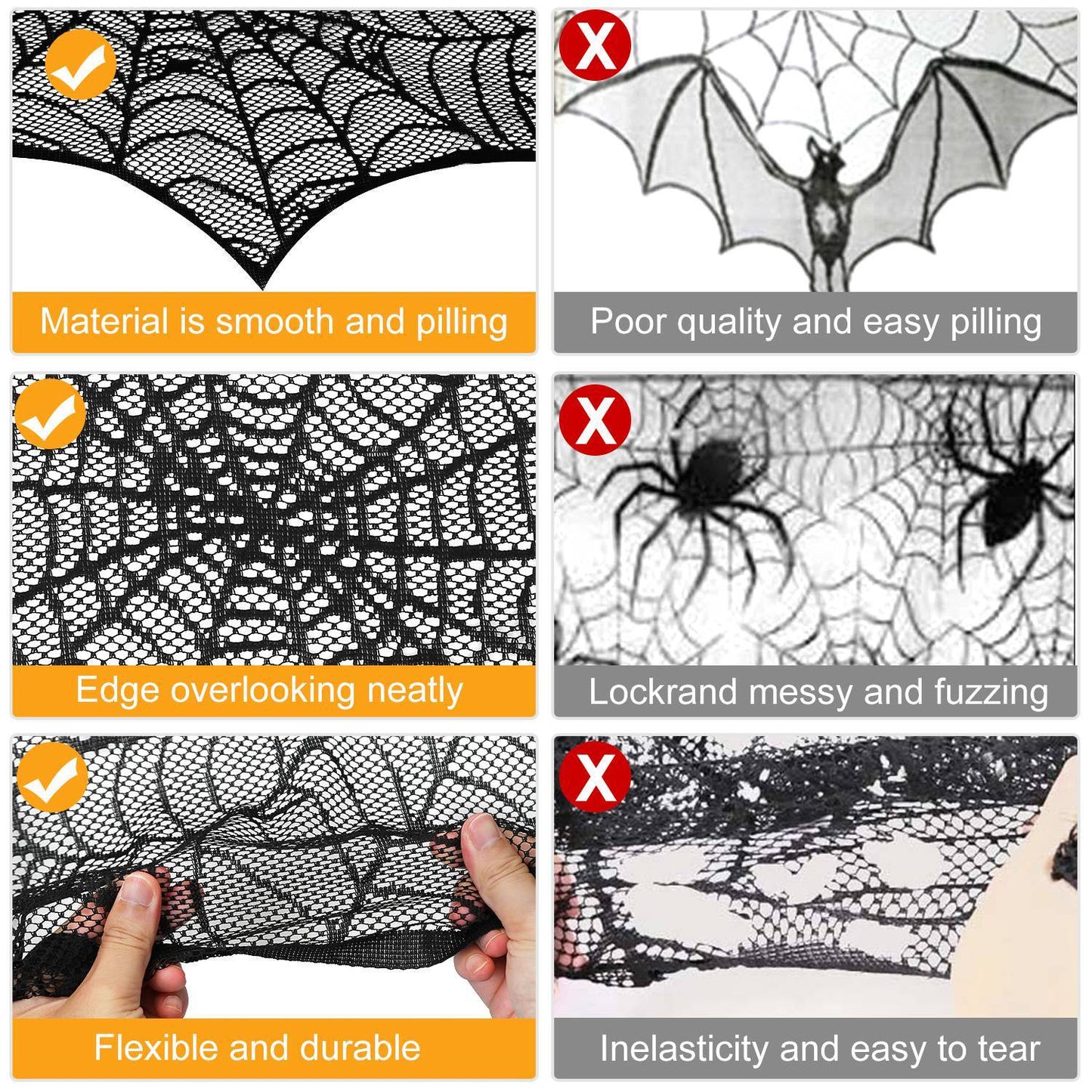 Halloween Black Lace Spiderweb Fireplace Mantle Scarf - 96 x 18 Inch