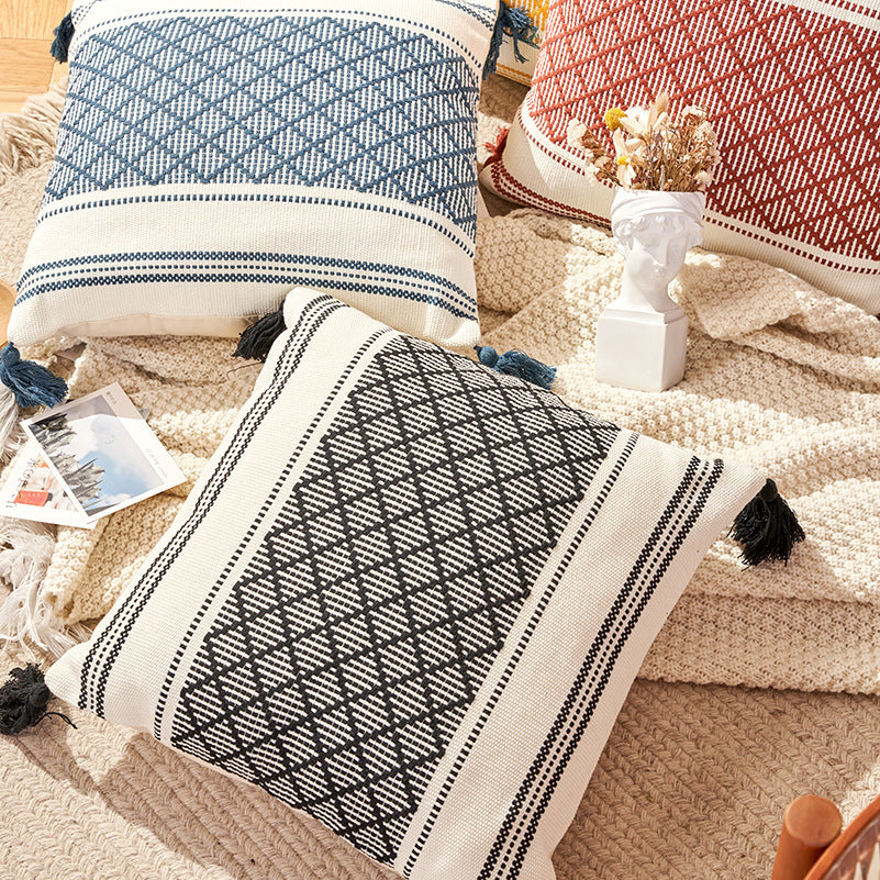 Geometric Woven Jacquard Tassel Cushion Cover
