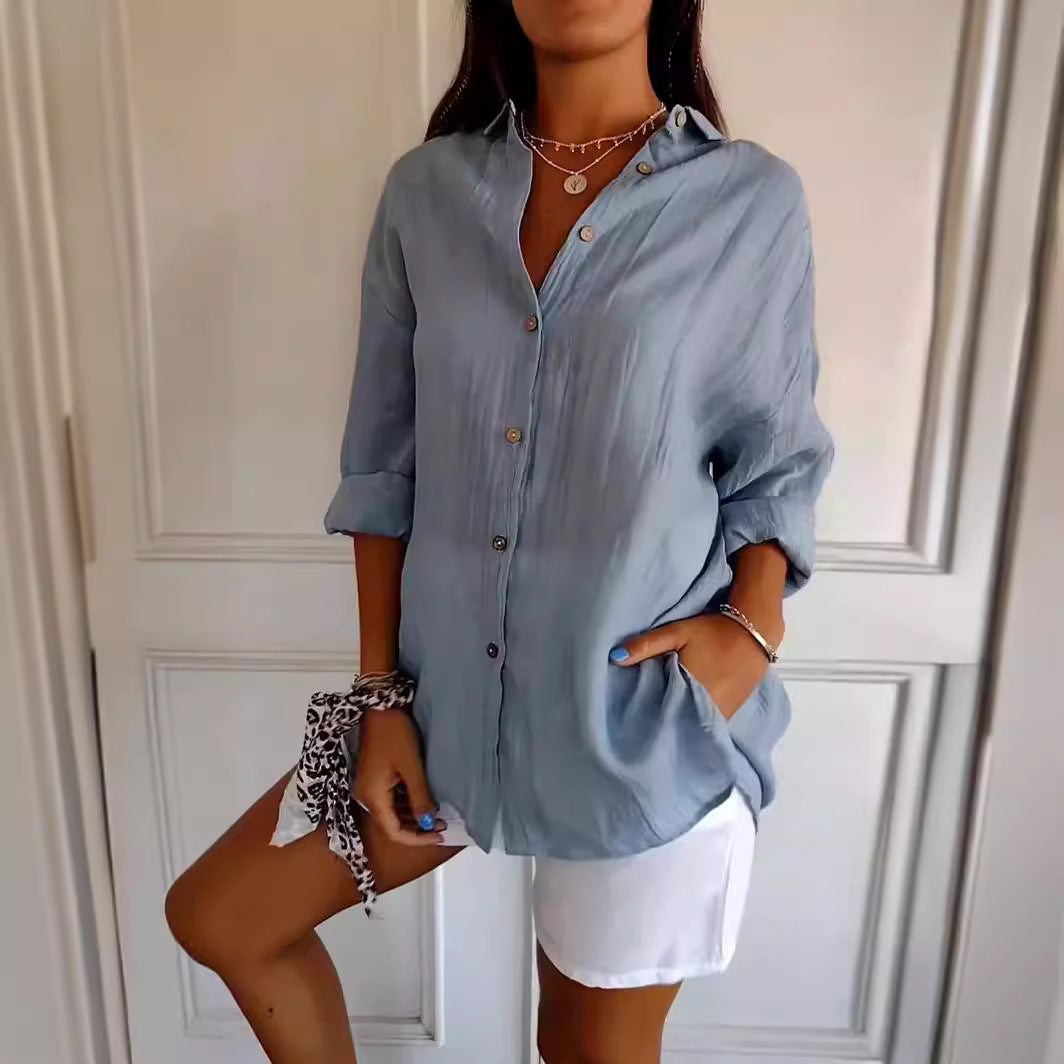 Women's Lapel Long Sleeve Shirt - Single-Breasted Pleated Button-Up