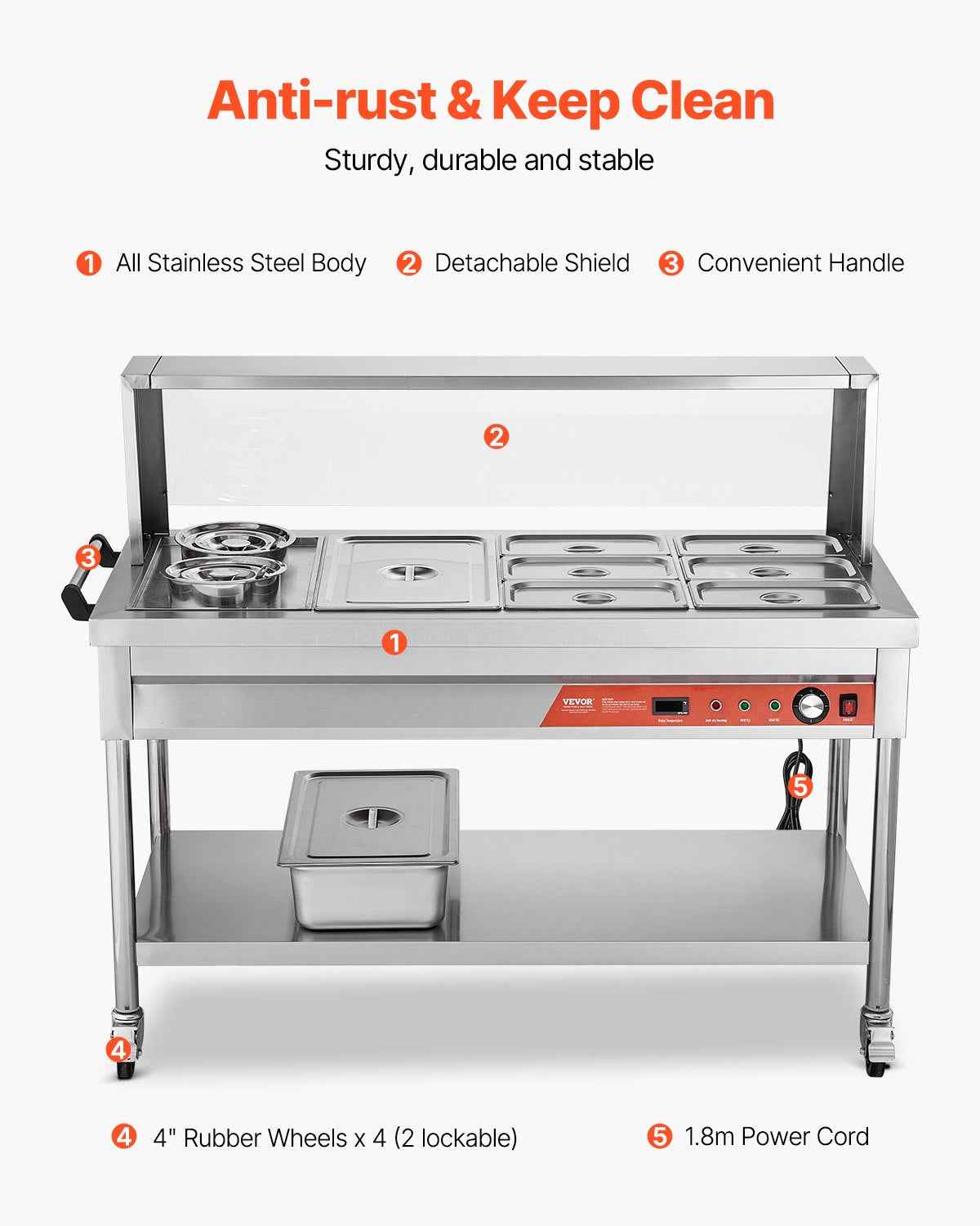 7 Pans + 2 Pots Commercial Food Warmer Steam Table With Undershelf Shield