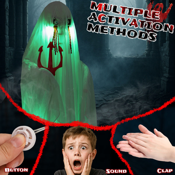 4.3ft Animatronic Ghost with Trident - Sound-Activated Halloween Decoration