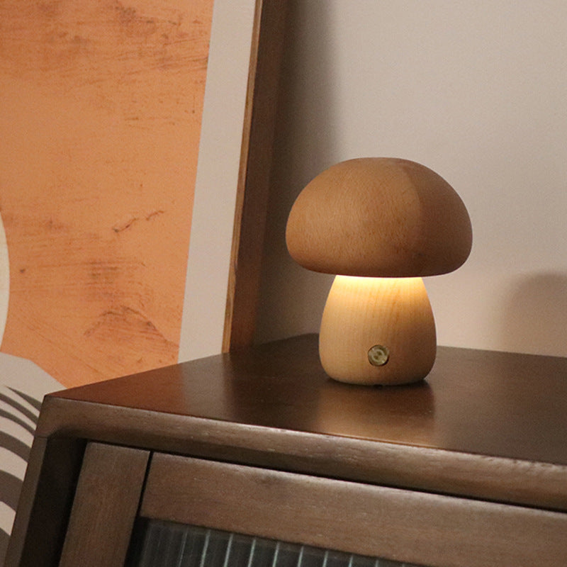 INS Wooden Cute Mushroom LED Night Light - Touch Switch Bedside Table Lamp for Bedroom