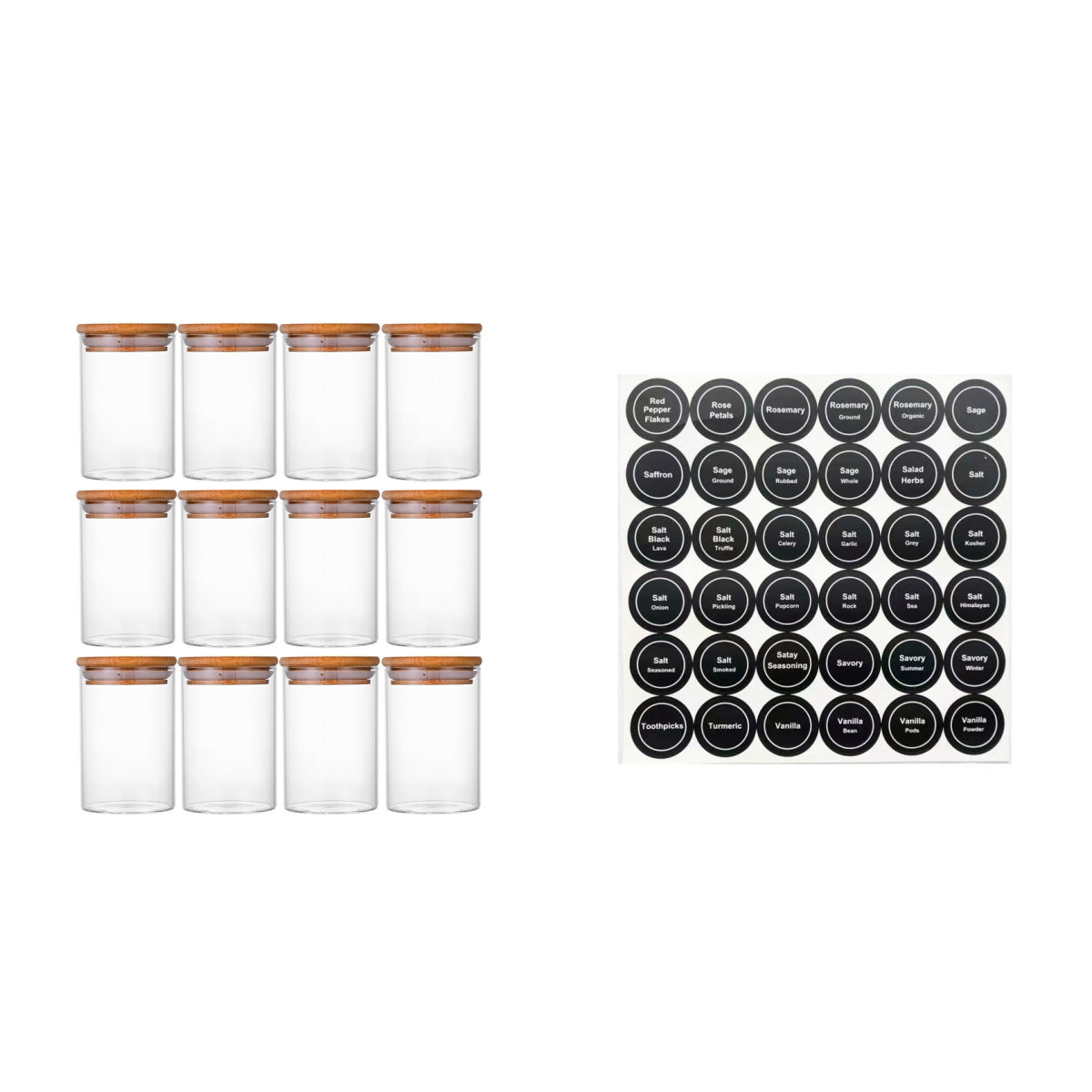 Round Glass Storage Jars - 12 Piece Set with Bamboo Lids & Stickers