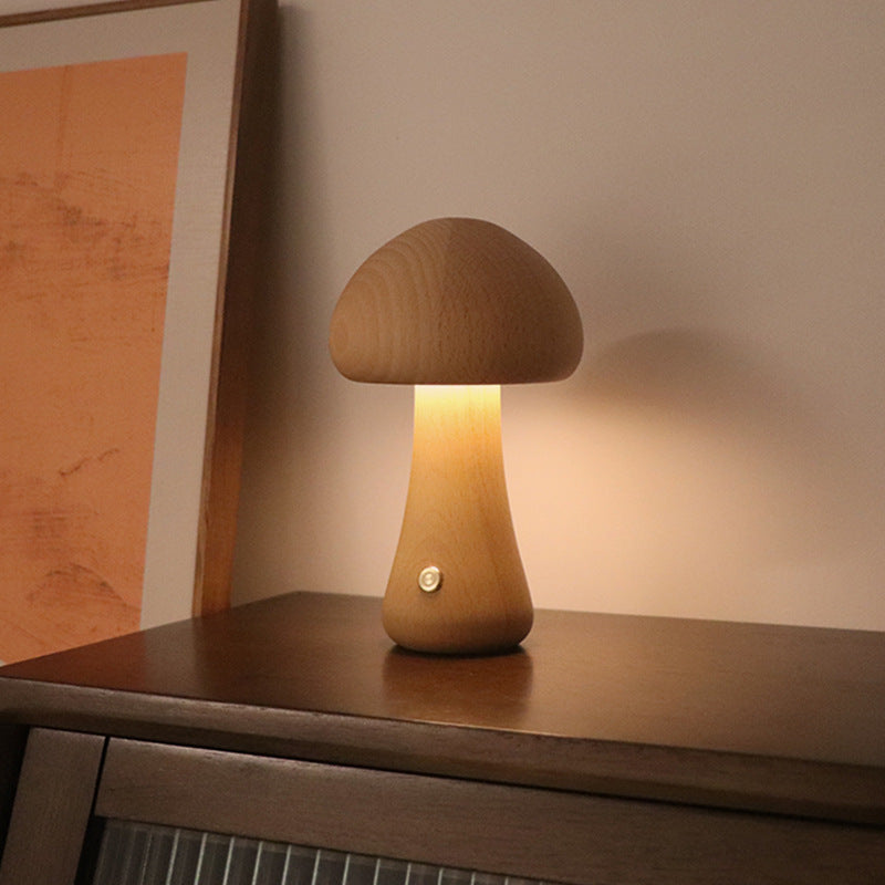 INS Wooden Cute Mushroom LED Night Light - Touch Switch Bedside Table Lamp for Bedroom