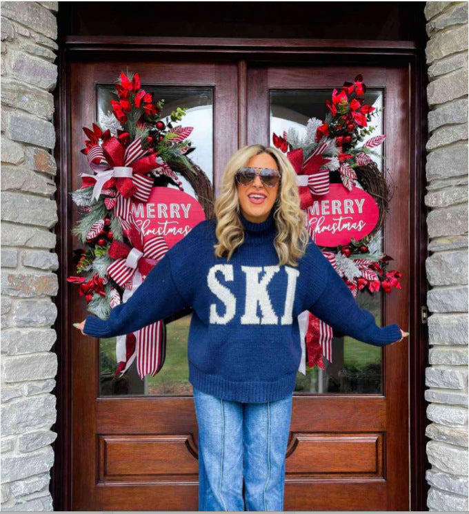 Womens Loose Fit High Neck Letter Sweater