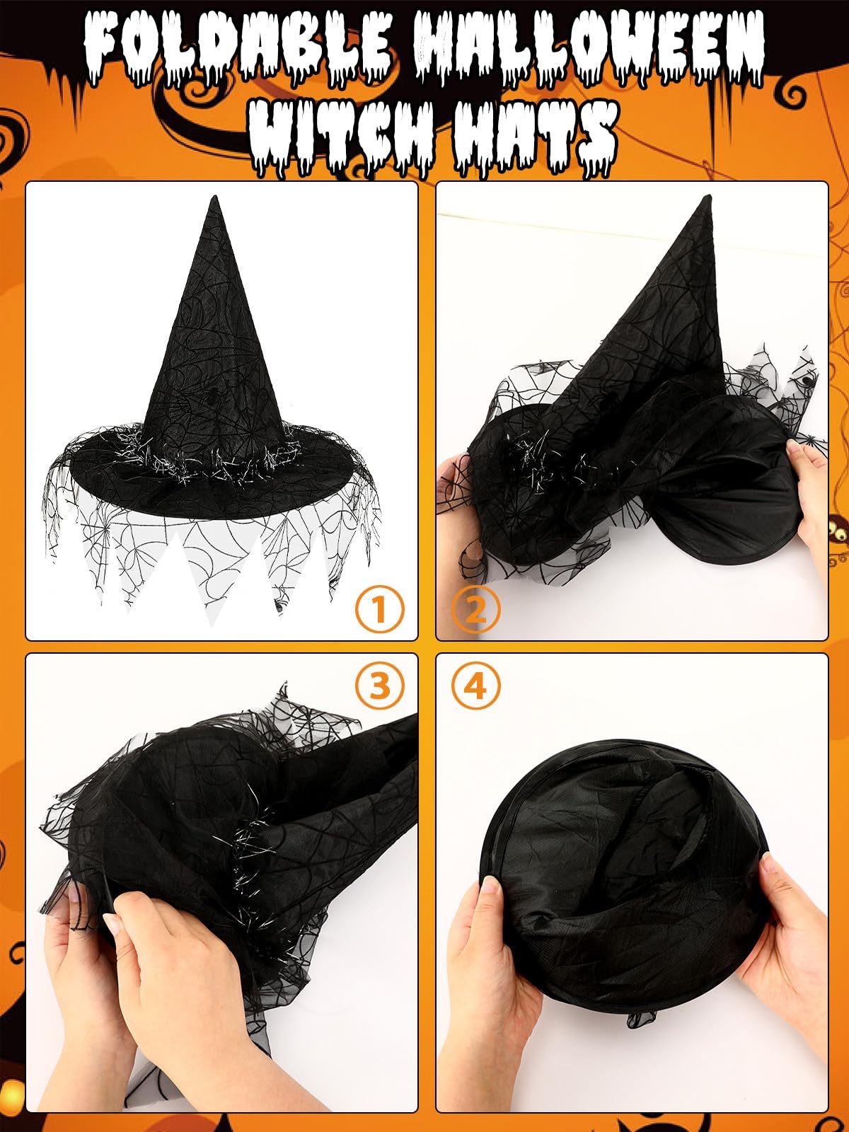Halloween Witch Hats - 2 Pcs Black Foldable Pointed Caps for Women