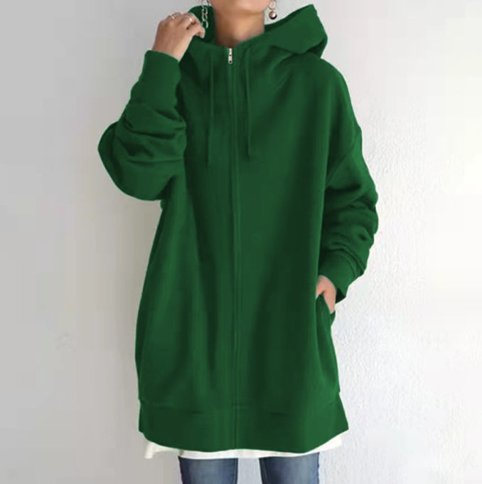 Women's Oversized Hooded Zip-Up Sweatshirt - Velvet-Lined Long Coat