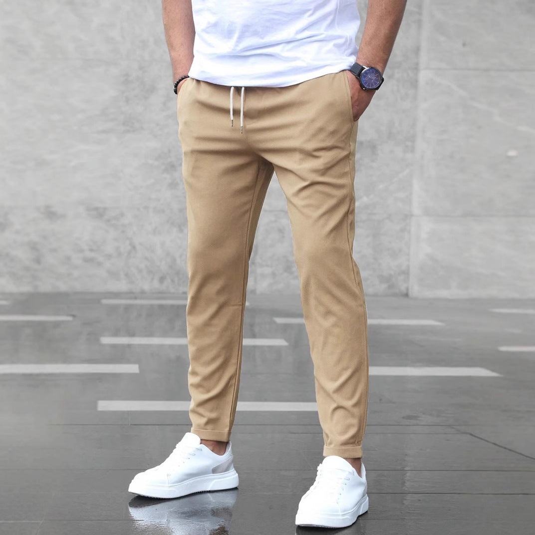 Men's Casual Drawstring Pants with Pockets - Slim Fit Straight Leg Trousers