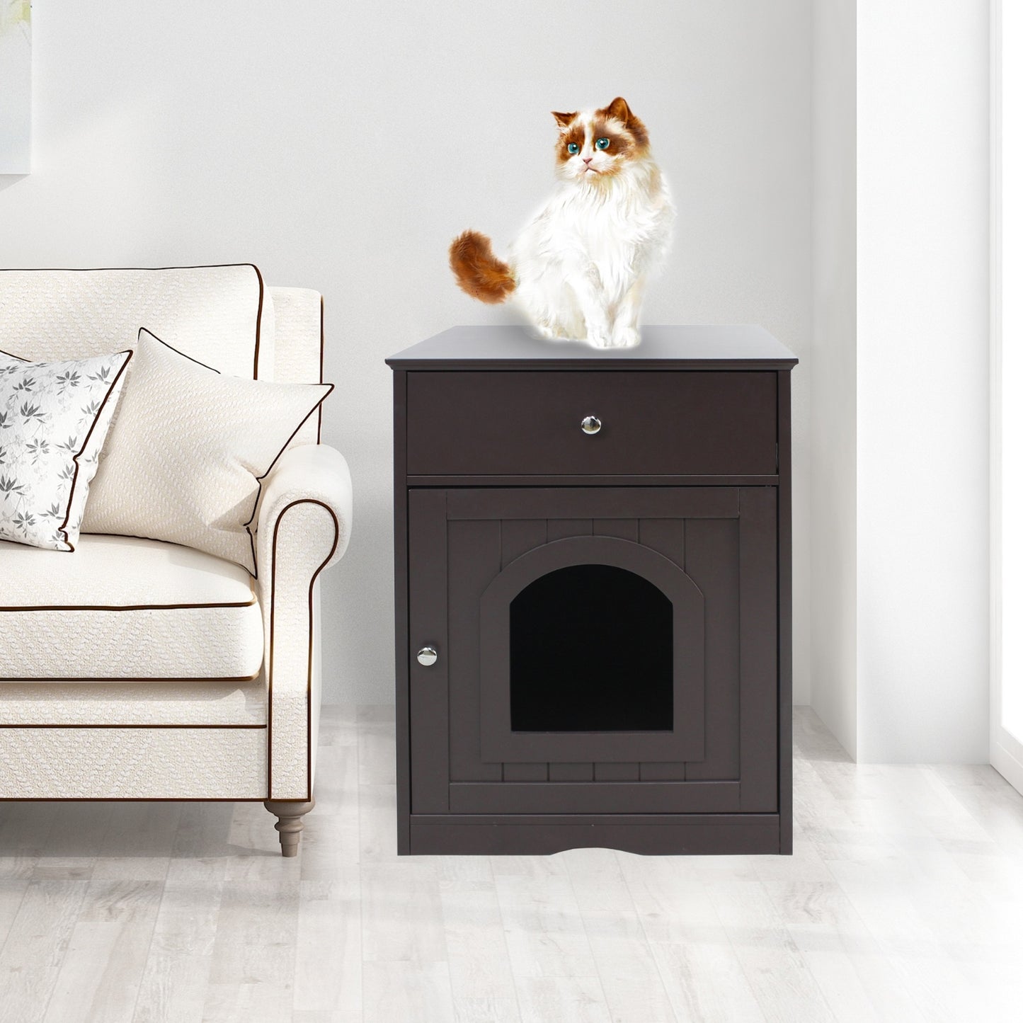 Wooden Pet House Cat Litter Box Enclosure With Drawer & Side Table