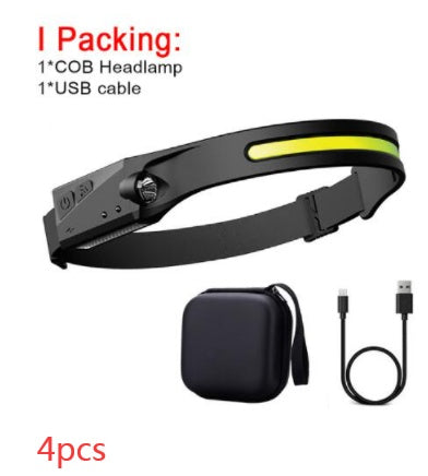 COB LED Rechargeable Headlamp - 350 Lumens Wave Sensor Waterproof Headlight for Camping & Outdoor
