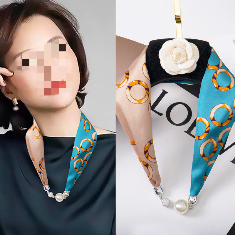 Magnetic Buckle Silk Scarf with Pearl Necklace - Women's Fashion Accessory