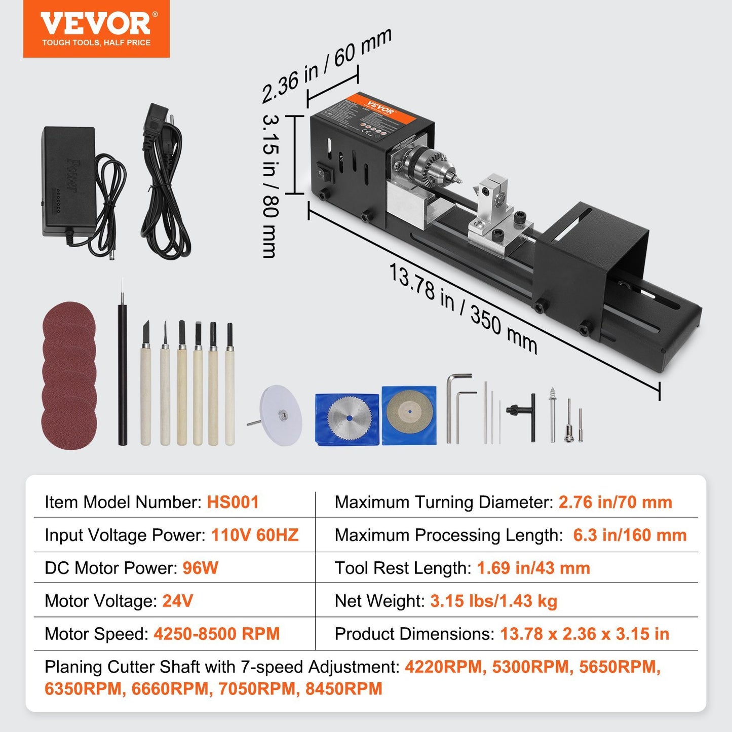 Mini Lathe Machine, 2.76 In X 6.3 In, 24VDC 96W Mini Wood Lathe Tools Milling Machine Accessories,