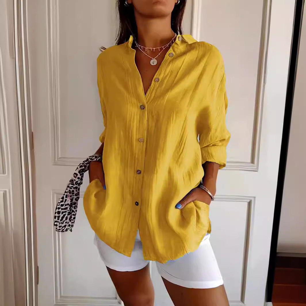 Women's Lapel Long Sleeve Shirt - Single-Breasted Pleated Button-Up