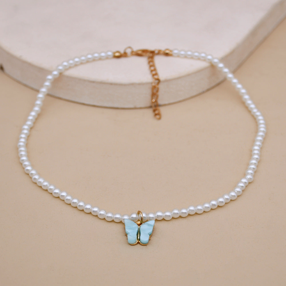 Elegant White Pearl Choker Necklace - Small Round Pearl Wedding Butterfly Necklace