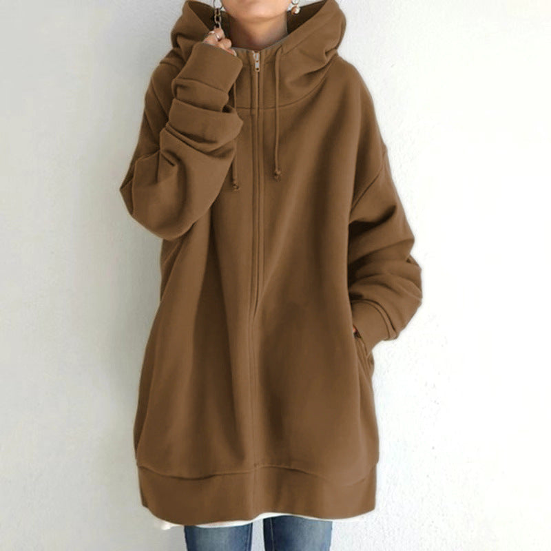 Women's Oversized Hooded Zip-Up Sweatshirt - Velvet-Lined Long Coat