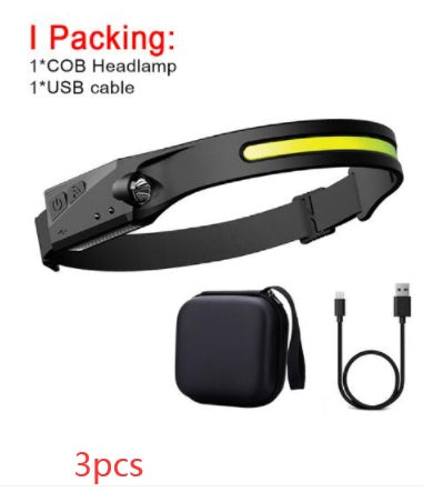 COB LED Rechargeable Headlamp - 350 Lumens Wave Sensor Waterproof Headlight for Camping & Outdoor