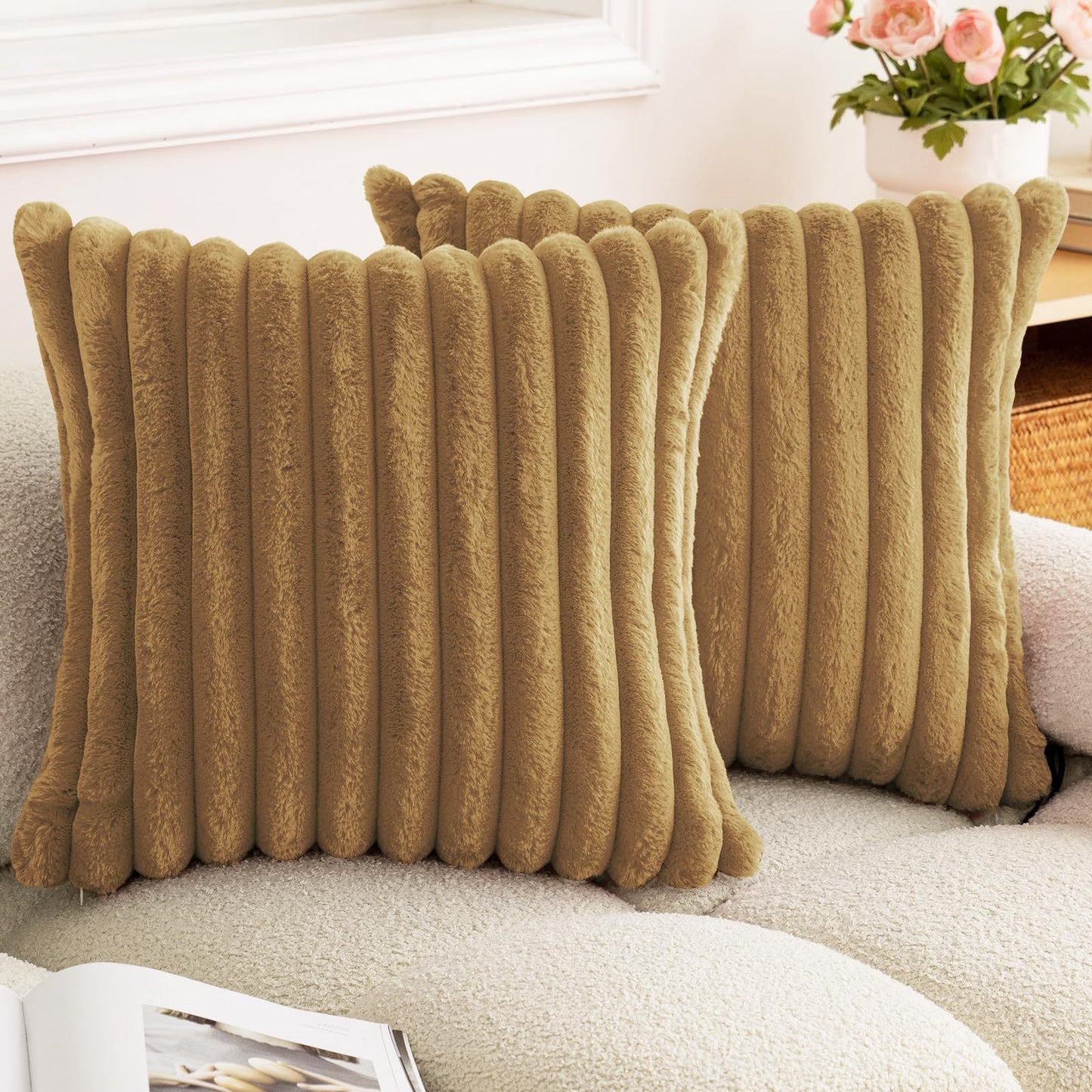 Rabbit Fur Solid Color Vertical Bar Plush Square Cushion Cover
