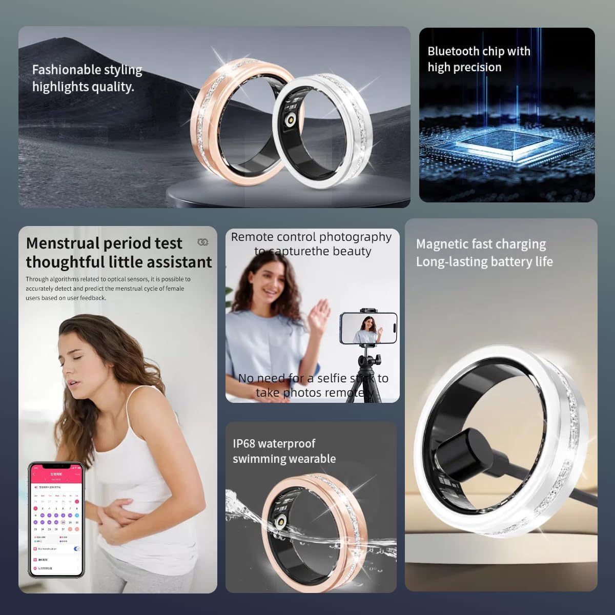 2025 New Smart Ring For Women, Health & Fitness Tracker With Heart Rate, Blood Oxygen, Sleep Monitoring, Elegant Rose Gold Design With Crystal Accents, IP68 Waterproof, Gesture Control
