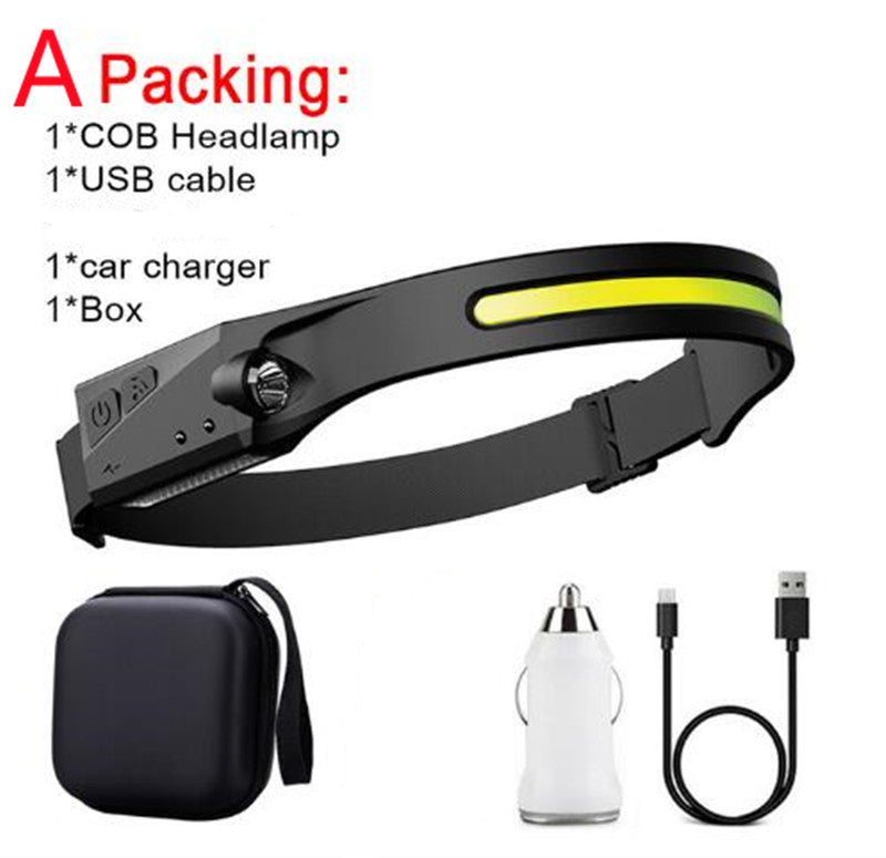 COB LED Rechargeable Headlamp - 350 Lumens Wave Sensor Waterproof Headlight for Camping & Outdoor