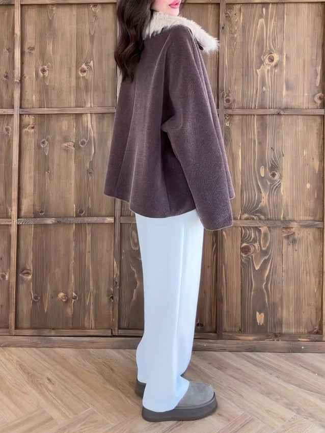 Brown Oversized Coat With White Faux Fur Collar