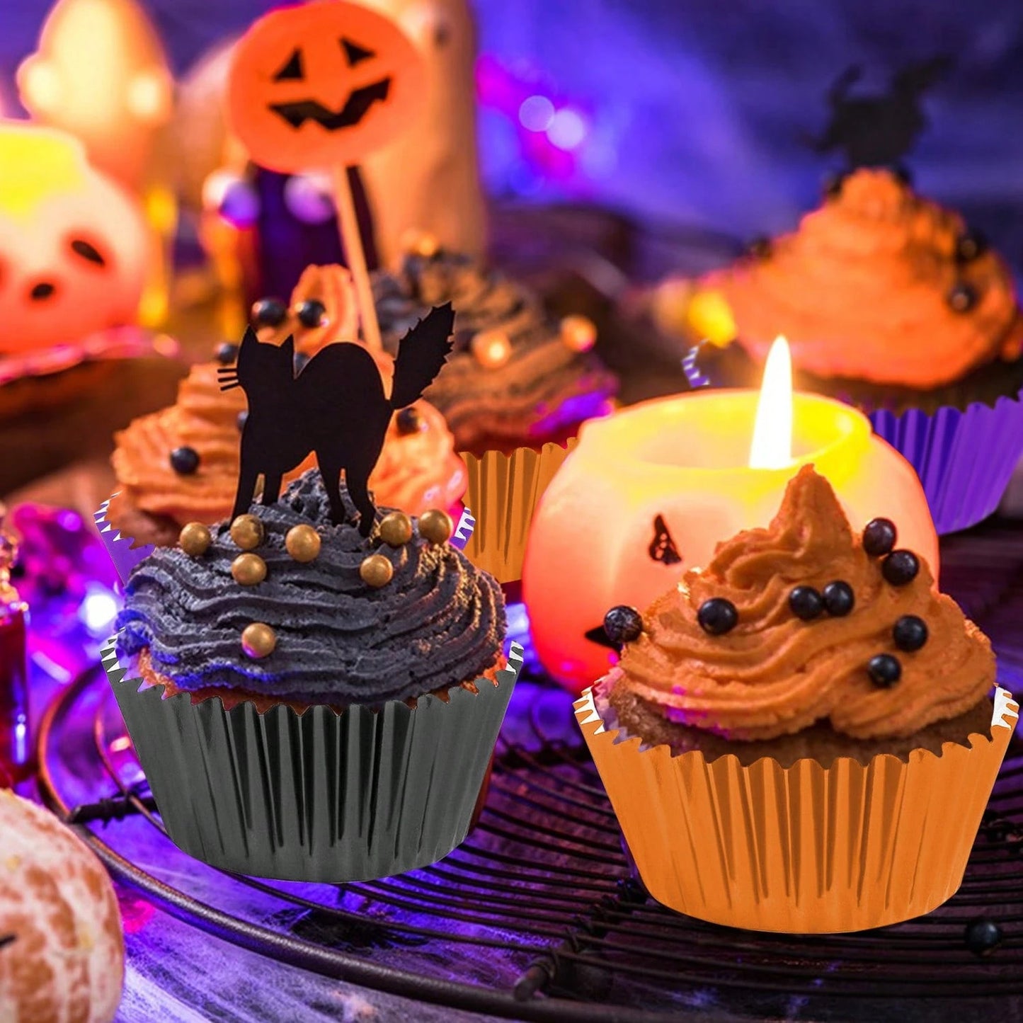 Halloween Foil Cupcake Liners - 300 Pcs Black Purple Orange Metallic