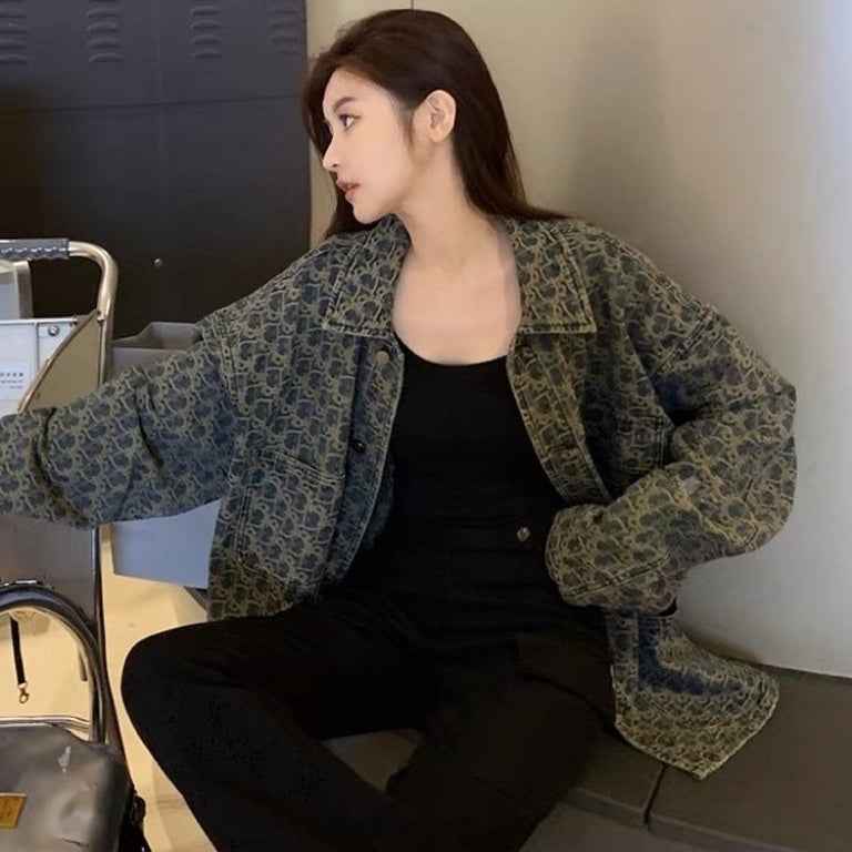 High Street Retro Denim Jacket For Women, Unique Design, Versatile Printed Jacket