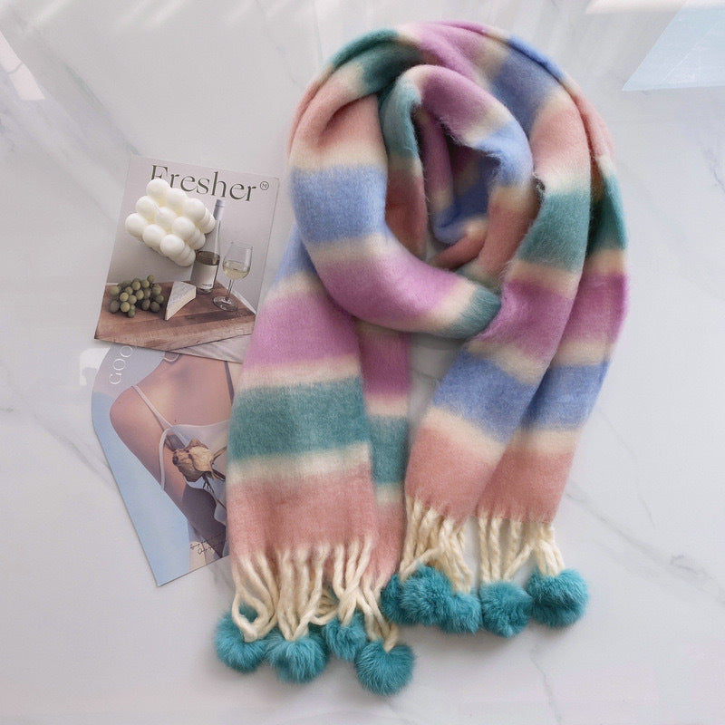Rainbow Dopamine Mohair Tassel Scarf - Mood-Boosting Colorful Wrap