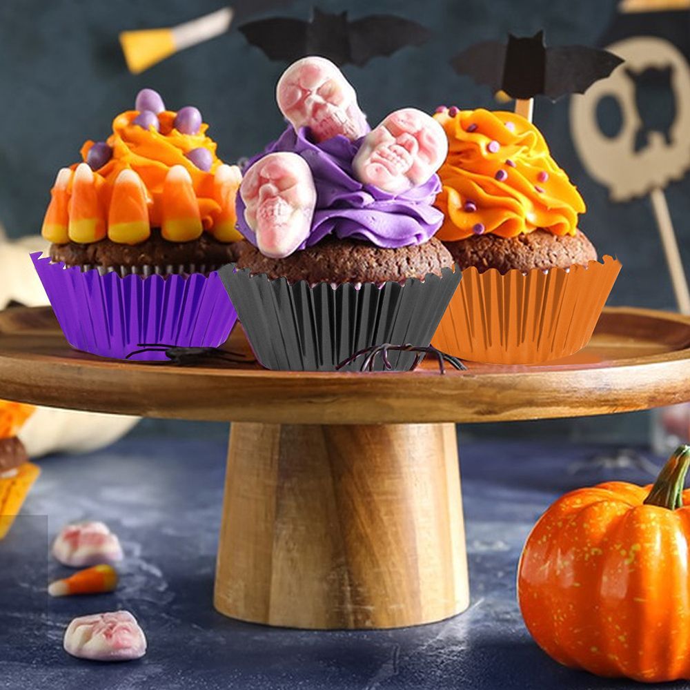 Halloween Foil Cupcake Liners - 300 Pcs Black Purple Orange Metallic