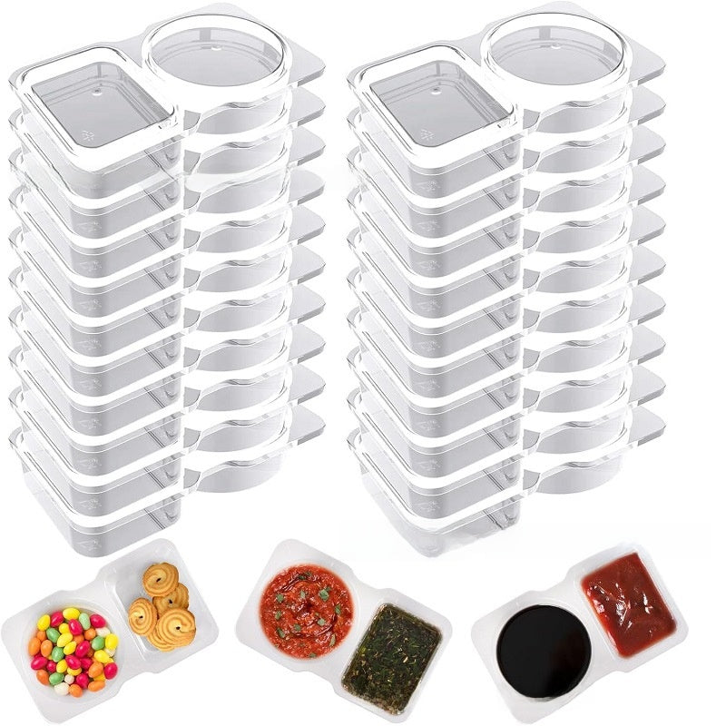 Disposable Double-Compartment Plastic Sauce Box with Lid