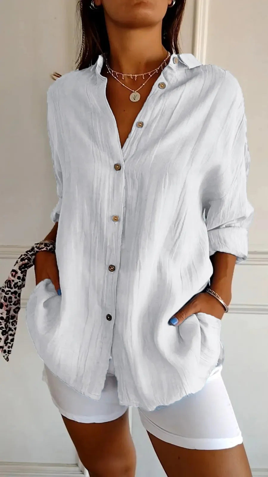 Women's Lapel Long Sleeve Shirt - Single-Breasted Pleated Button-Up