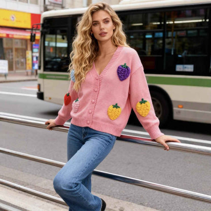 Women's Strawberry Jacquard Cardigan Sweater