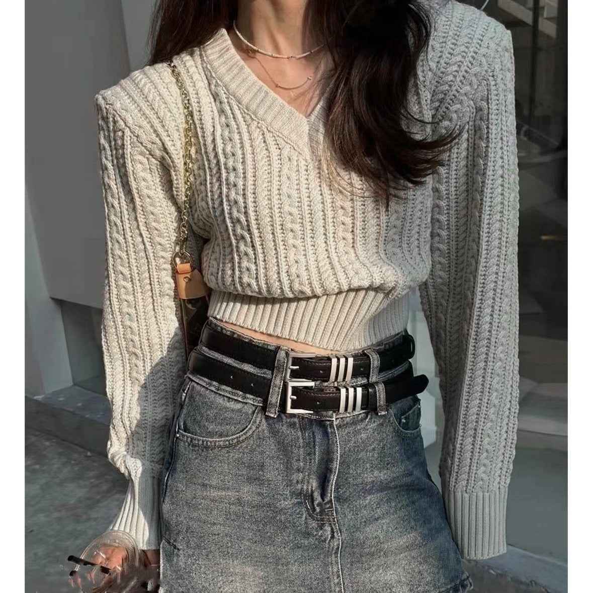 Waist-cinching Short Cable-knit Sweater For Women