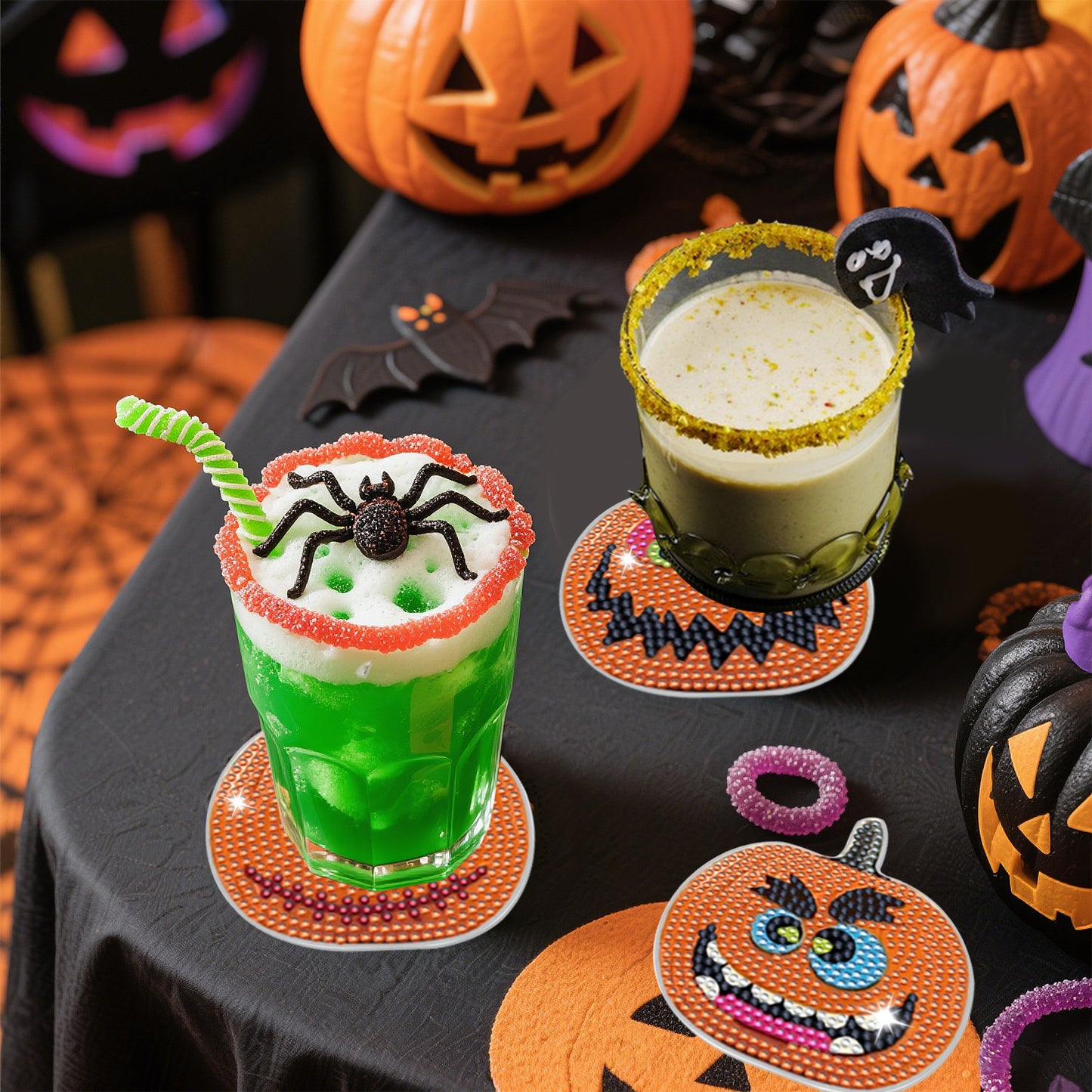 Halloween Rhinestone Art Coasters - 8 Pack Decorative Drink Coasters