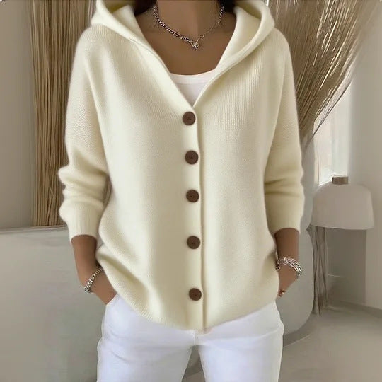 Buttoned Knitted Hooded Sweater - Cozy Women's Cardigan with Hood