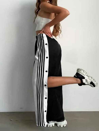 Fashion Trend Stripes Side Button Pants Wide Leg Pants