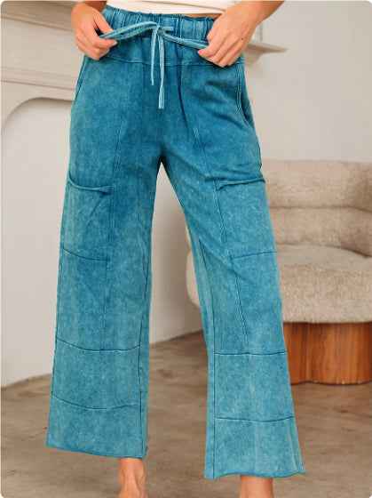 Medium Grey Mineral Wash Lace-up High Waist Raw Hem Patched Pocket Pants