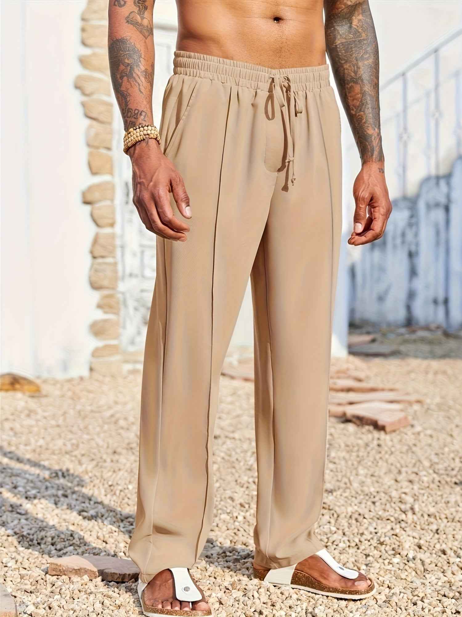 Men's Casual Loose Trousers - Quick-Drying Waist-Tied Pants with Pockets