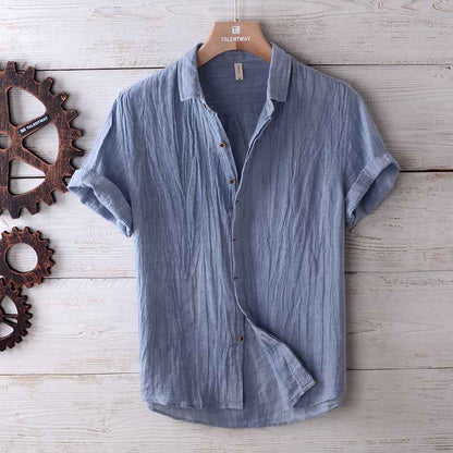 Men's Solid Color Retro Distressed Linen Shirt - Fashion Casual Button-Up