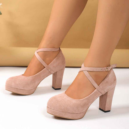 Shallow High-heel Chunky Heel Suede Cross-strap Women's Shoes