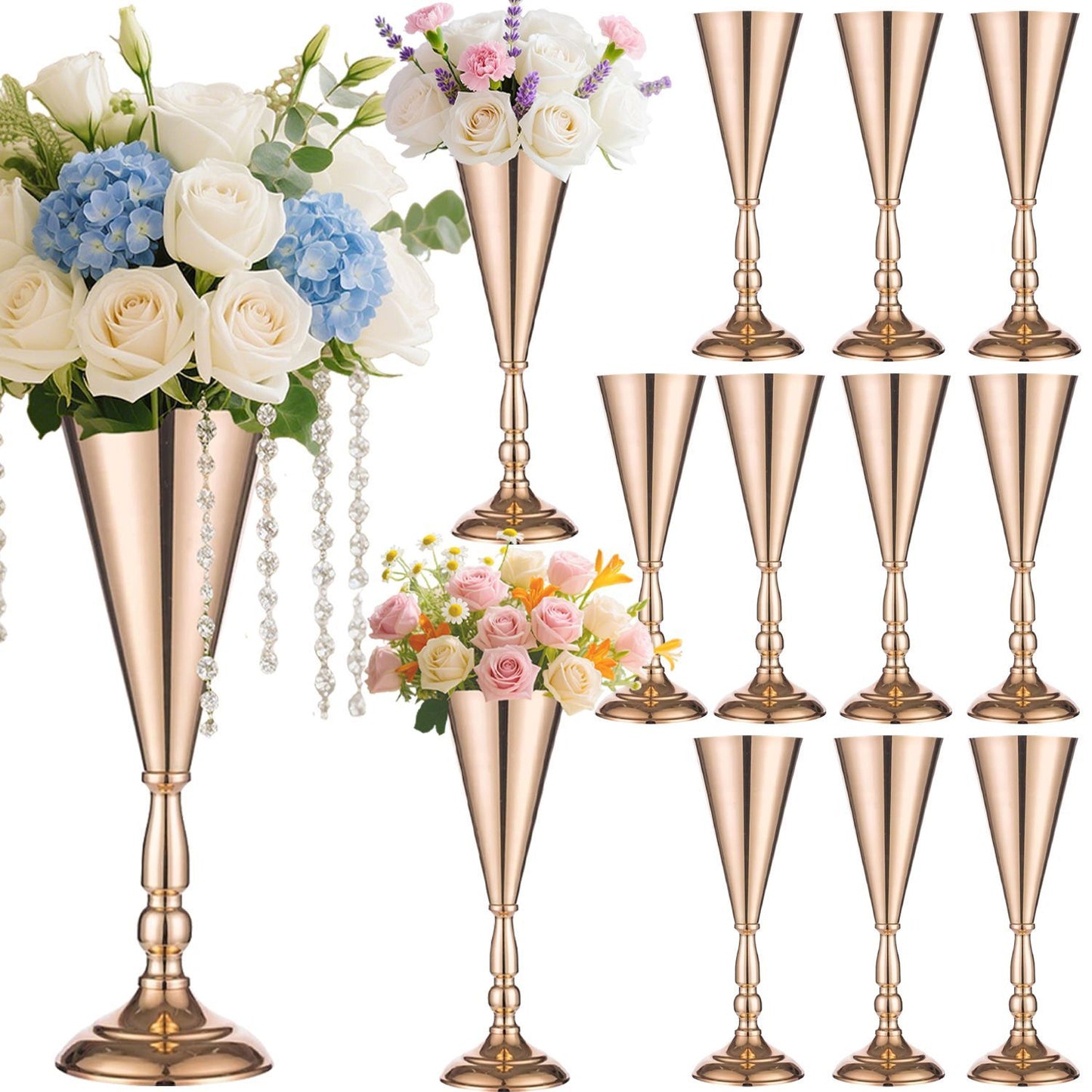 Golden Vase Flower Wedding Centerpieces For Tables 14 In Tall Flower Display Stand Wedding Metal Flower Arrangement Stand Trumpet Vase Tabletop Stand For Home Anniversary Ceremony Party