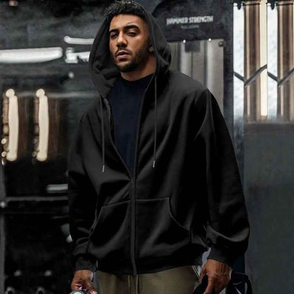 Men's Fleece-lined Loose Drawstring Hooded Zip-up Sweater