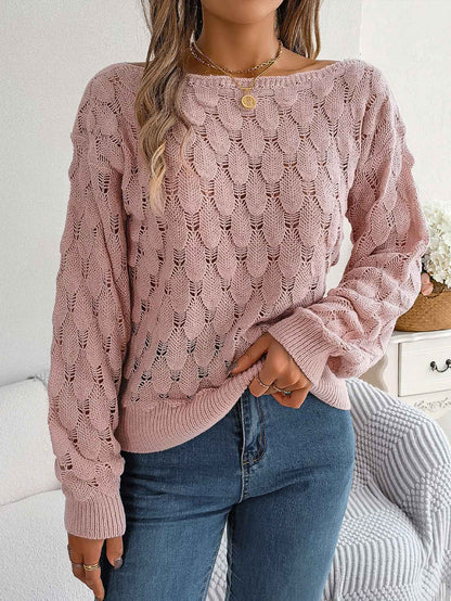 Women Casual Feather Hollow Out Off-Shoulder Lantern Sleeve Sweater
