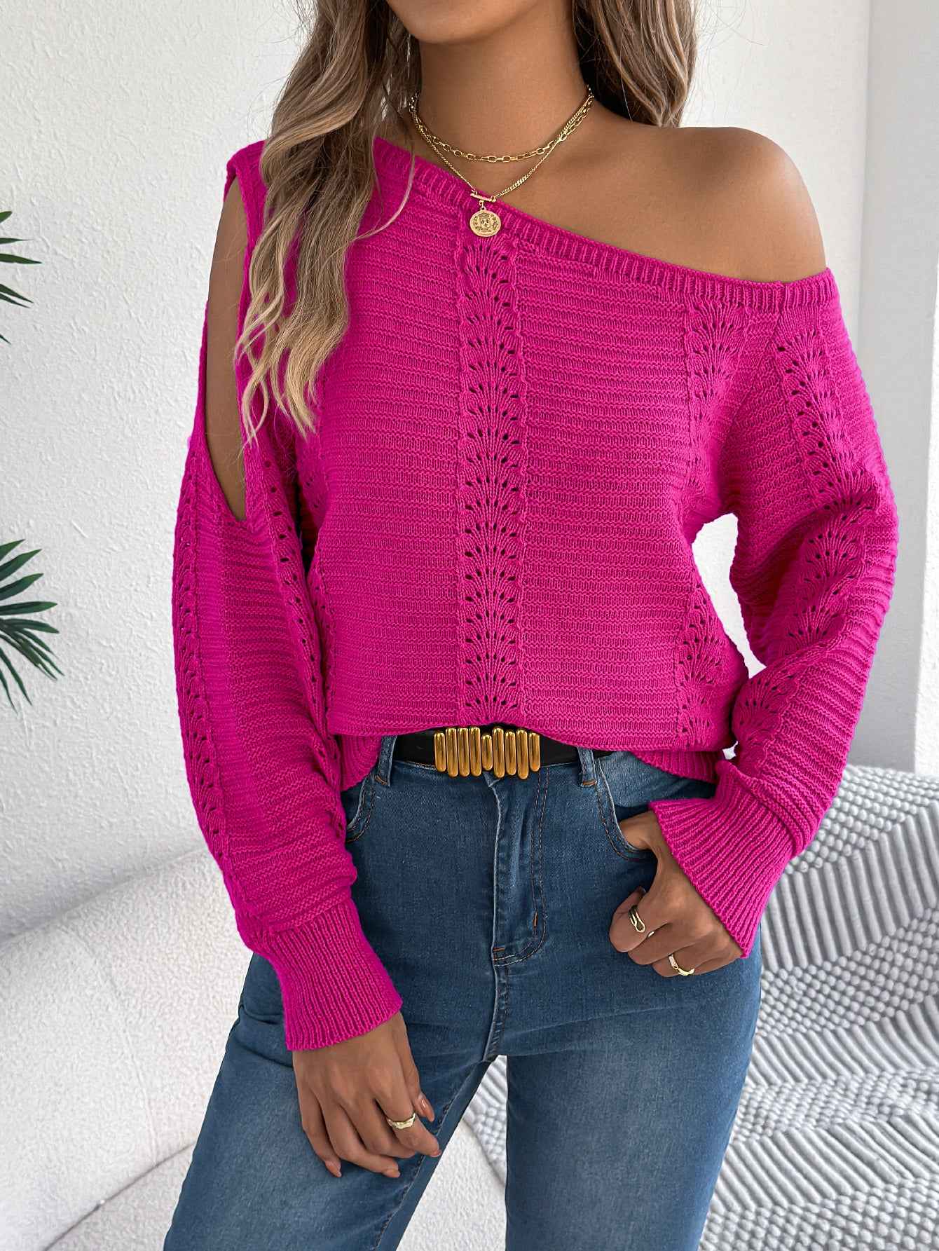 Women Casual Solid Color Hollow Out Off-Shoulder Long Sleeve Pullover Sweater