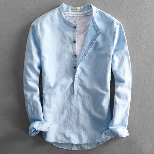 Men's Simple Casual Long Sleeve Linen Shirt - Loose Solid Color