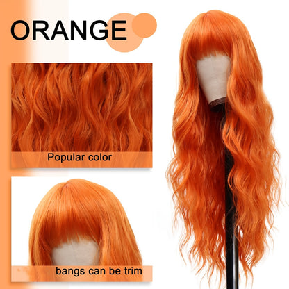 Elegant Long Orange Non-toxic Wig, Synthetic Wavy Hair Wig For Ladies, 28-inch Long Hair, Suitable For The Whole Scene - DropOnline.co