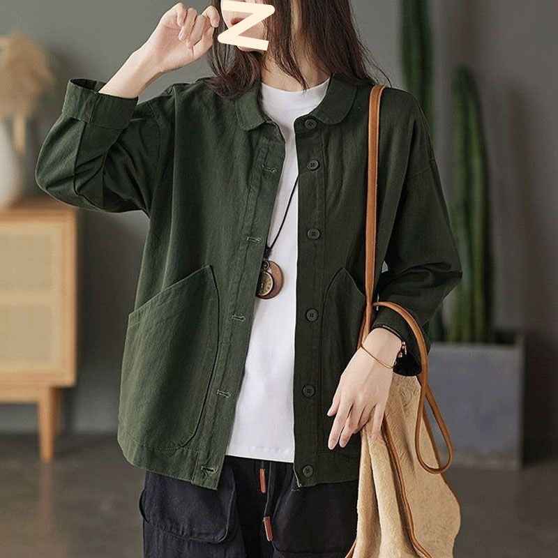 Retro Twill Cotton Large Pocket Single Breasted Loose Casual Top