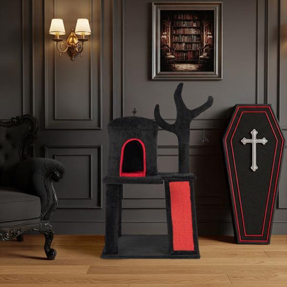 Gothic Cat Tree, Halloween Cat Tower Cat Tree With Spacious Cat Condo, Brach Shaped Scratching Post, Scratching Ladder, Spider Toy For Indoor Cats, Red & Black - DropOnline.co