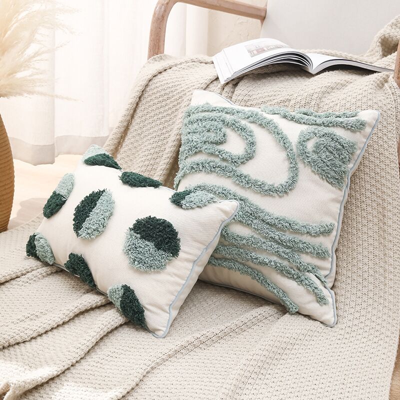 Nordic Moroccan Ins Wind Tufted Pillow Living Room Sofa Tassel Cushion Model Room Pure Cotton Pillowcase Green