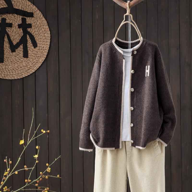 Round Neck Single-breasted Knitted Cardigan Women's Loose Coat