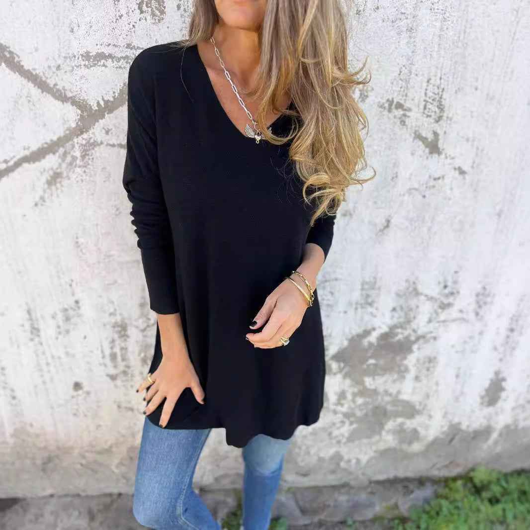 Solid Color V-neck Knitted Sweater Loose Top Women's Clothing